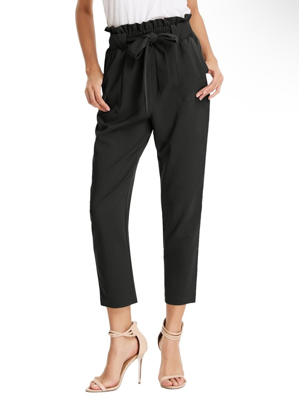 Grace Karin Black Paperbag Waist Tie Ankle Pants